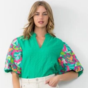 THML Green top with floral sleeves. Highest quality! Worn once. Sz. L